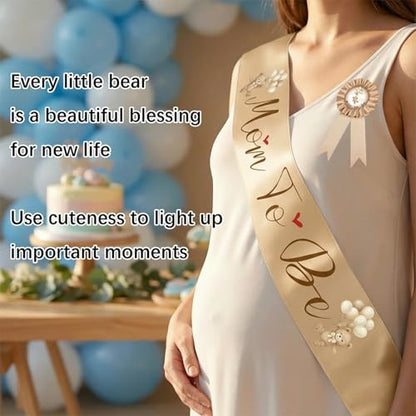 Bearly Wait Mom to Be Sash Teddy Bear Baby Shower Decor Set - color: Brown
