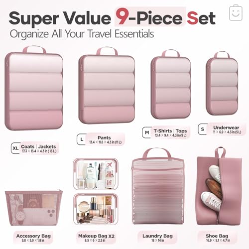 Veken 9/11 Set Compression Packing Cubes for Travel Essentials,Compressible Expandable Large Luggage Suitcase Organizer Bags for Clothing,Space Saver Bags with Over 1000 pcs of Mesh Holes(Light Coral) - color: Light Coral, size: 9 set