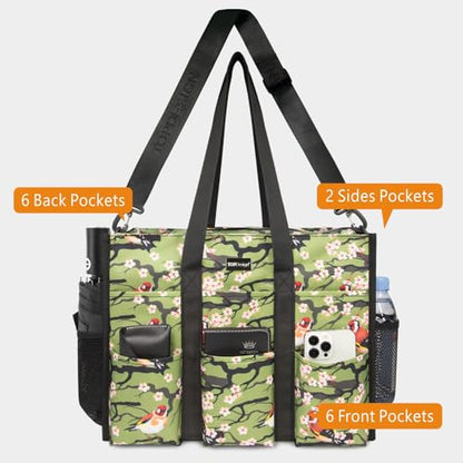 TOPDesign Utility Water Resistant Tote Bag with 22 Pockets, Zipper Closure - color: Bird, size: Medium
