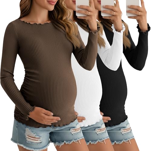 3 Pack Women's Maternity Cotton Shirts Long Sleeve - color: Coffee, White, Black, size: Small