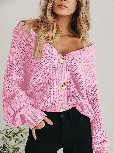 PRETTYGARDEN Women's Chunky Knit Open Front Cardigan Sweaters Fall Outfits - color: Pink, size: Small