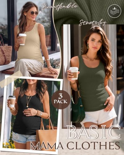 Riyiper 3 Pack Women's Maternity Tank Tops - color: Black, Army Green, Apricot, size: Small