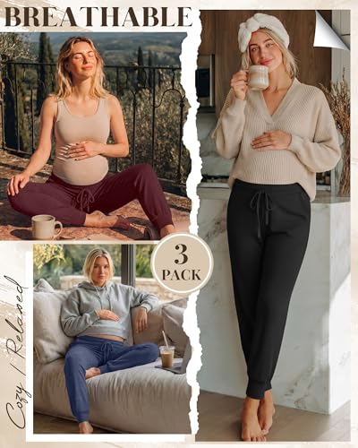 3 Pack Women Maternity Pants Pregnancy Lounge Jogger - color: Black, Dark Blue, Wine Red, size: Small