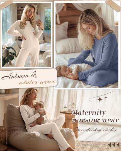 2 Pack Maternity Nursing Pajamas Set - color: Beige, Gray Blue, size: Large