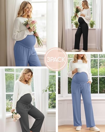 3 Pack Women's Maternity Casual Pants - color: Blue, Dark Gray, Black, size: XX-Large