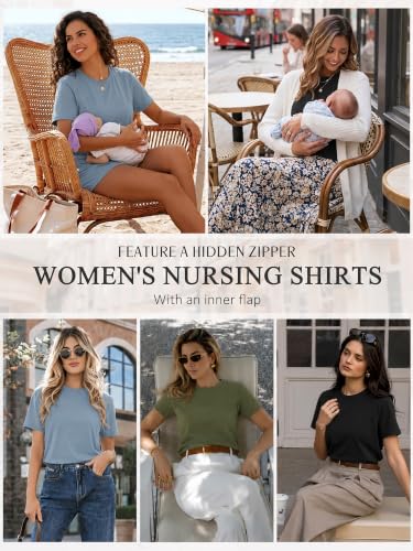 Ecavus 3 Pack Nursing Shirts for Breastfeeding, Hidden Zippers Nursing Tops - color: Heather Blue/Heather Green/Black, size: X-Large