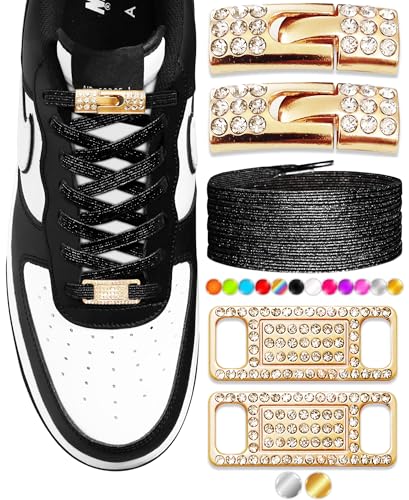 Elastic No Tie Shoe Laces with Bling Diamond Locks & Charms for Women's Sneakers - color: 02 Glitter Black- Gold