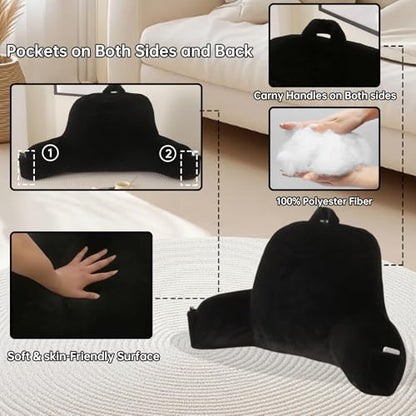 Soft Reading Pillow for Bed with Arms,Middle,Black,Faux Fur - color: Black, size: Standard(17")