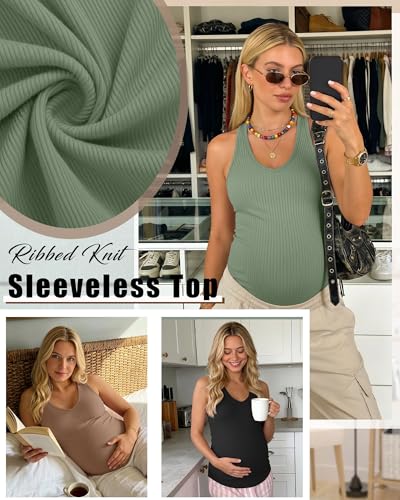 3 Pack Maternity Tank Tops Ribbed V Neck - color: Gray Green, Light Coffee, Black, size: Large