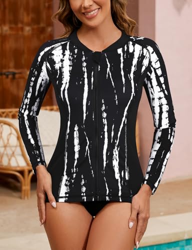 LURANEE Women's Zip Up Rash Guards for Women UPF50+ Long Sleeve Swimsuit - color: Black Tie Dye, size: Medium