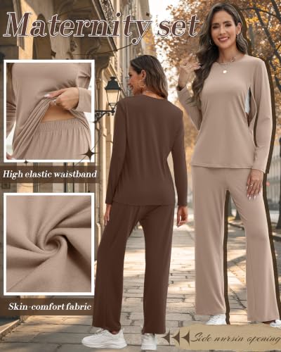 2 Pack Maternity Nursing Pajamas Postpartum Sets - color: Khaki, Coffee, size: X-Large