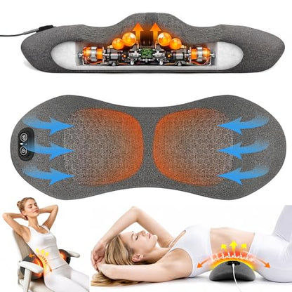 Lower Back Massager for Bed & Chair, Heat Vibration Traction Lumbar Support - color: Gray
