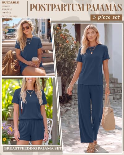 3 Piece Postpartum Nursing Pajamas Set Nursing Lounge Set - color: Haze Blue, size: Small