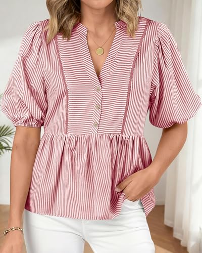 dowerme Women Lantern Sleeve Button Up Stripes Babydoll Tops - color: Red, size: Large