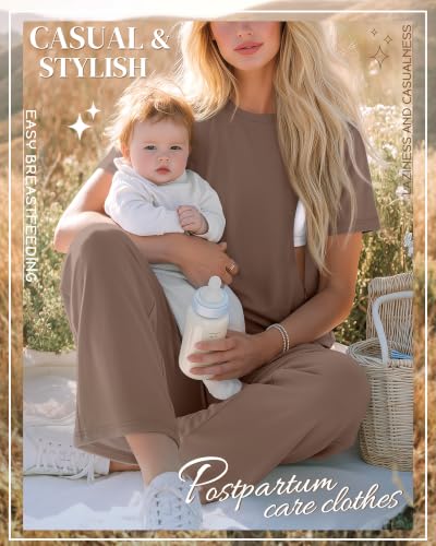 Ficerd 2 Pack Maternity Nursing Pajama Breastfeeding Sets Pjs - color: Coffee, Black, size: Small