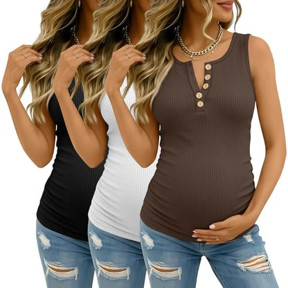 3 Pack Maternity Tank Tops Ribbed Tops - color: Black, White, Coffee, size: X-Large