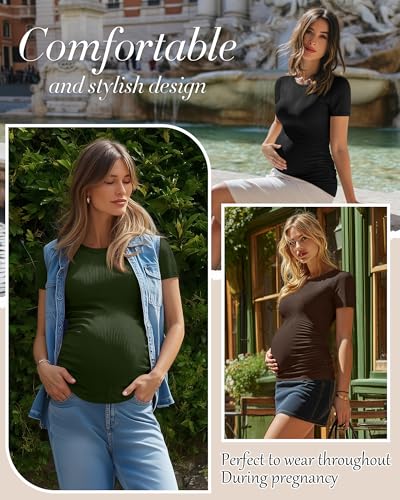 Neer 4 Pack Women's Maternity Cotton Ribbed Shirts - color: Black, White, Coffee, Army Green, size: Small