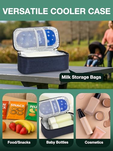 Breast Milk Cooler Travel Bag with Temp Display & 2 Ice Packs - color: Navy Blue