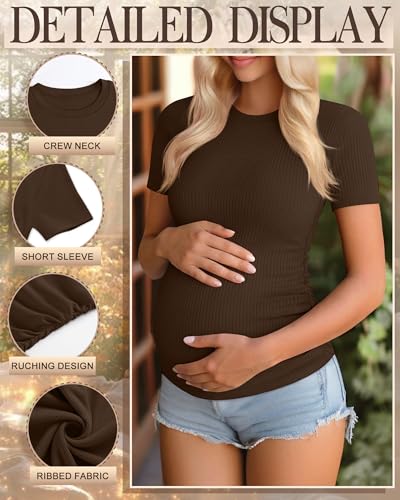 Ficerd 3 Pack Women's Short Sleeve Maternity Shirts - color: Coffee, Apricot, Army Green, size: Small