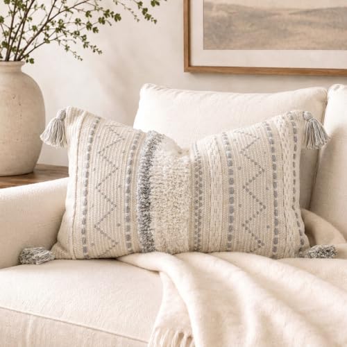 BlissBlush 12x20 Lumbar Pillow Cover, Cream Neutral Rectangular Decorative Cushion Cover with Gray Pattern, Boho Accent Pillowcase with Tassels for Couch Sofa Living Room (Cover Only) - color: Gray, size: 20" x 12" (Pack of 1)