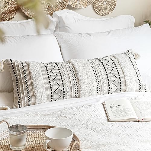 BlissBlush 14x36 Lumbar Pillow Cover for Bed, Rectangular Long Decorative Throw Pillowcase, Boho Accent Cushion with Black Tufted Pattern and Tassels, Cream Neutral (Cover Only) - color: Black, size: 36" x 14" (Pack of 1)