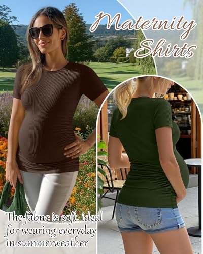 Neer 4 Pack Women's Maternity Cotton Ribbed Shirts - color: Black, White, Coffee, Army Green, size: Small