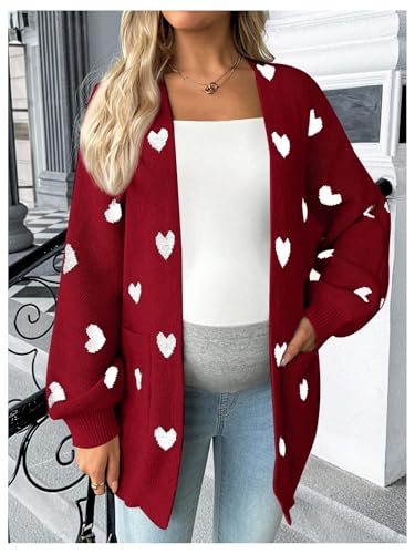MakeMeChic Women's Maternity Heart Sweater Cardigan Fall Winter Clothes - color: Red, size: Small