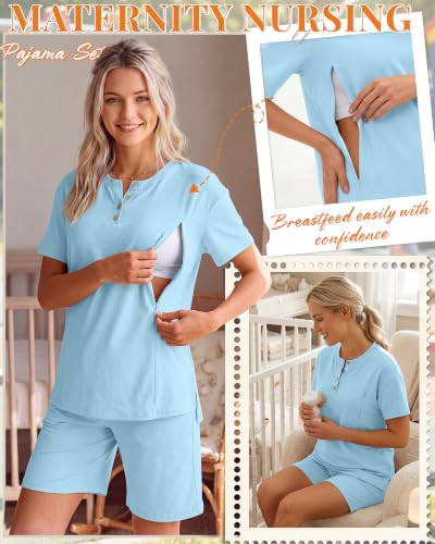 Maternity Nursing Pajama Set - color: Light Blue, size: Small