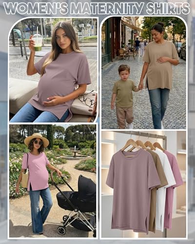 Riyiper 4 Pack Women's Short Sleeve Maternity T Shirts - color: Light Pink, White, Khaki, Gray Purple, size: Small