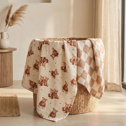 Muslin Swaddle Blankets for Newborn, Cotton Receiving Blanket - color: Bear Checkered