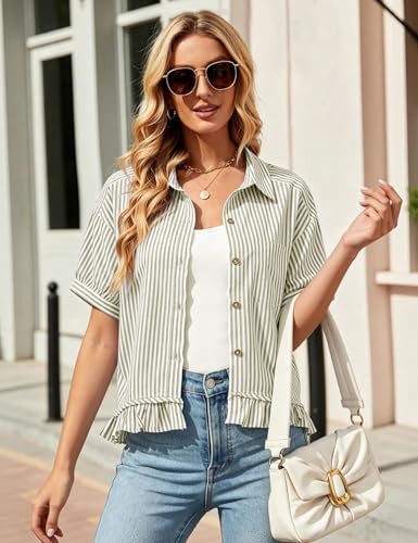 Flygo Womens Cropped Striped Button Down Shirts Ruffle Peplum Tops - color: Olive, size: X-Large