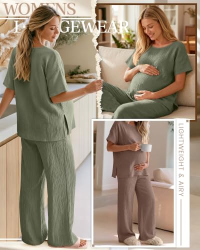 Ficerd 4 Pcs 100% Cotton Muslin Maternity Pajamas Lounge Sets - color: Army Green, Coffee, size: X-Large