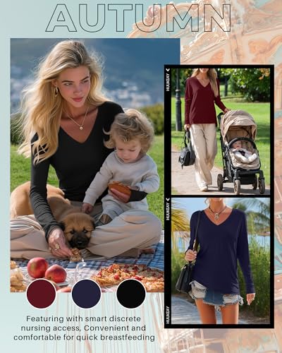 Huukeay 3 Pack Maternity Nursing Tops Breastfeeding Shirts - color: Black, Navy Blue, Wine Red, size: Large