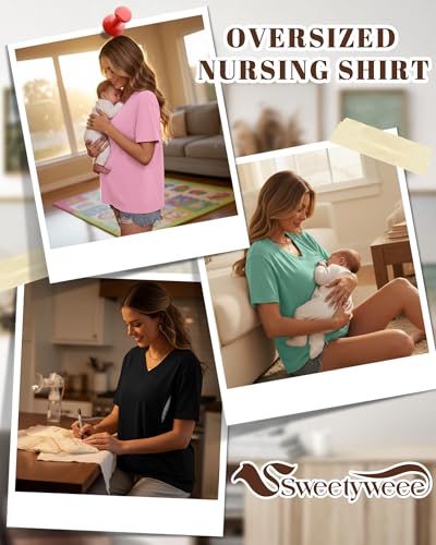 3 Pack Women's Oversize Nursing Shirts - color: Pink, Light Green, Black, size: X-Large