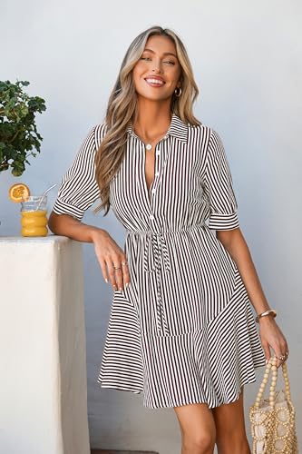 MASCOMODA Womens Striped Mini Summer Dress Button Work Dresses - color: Striped Brown, size: X-Large