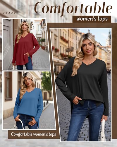 Huukeay 3 Pack Women's Oversized Long Sleeve V Neck Shirts - color: Black, Haze Blue, Wine Red, size: Small