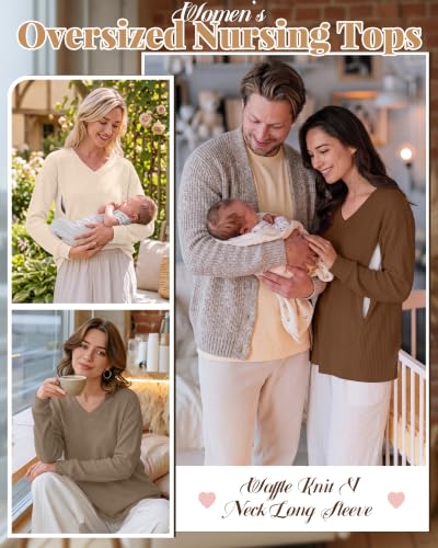 3 Pack Women's Waffle Knit Long Sleeve Nursing Tops - color: Cream, Coffee, Dark Brown, size: Medium