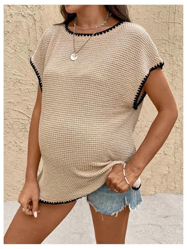 MakeMeChic Women's Maternity Work Knit Tops Nursing Short Sleeve Tees - color: Khaki, size: X-Large