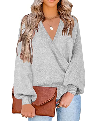 LookbookStore Women's Knit Long Sleeve Faux Wrap Surplice V Neck Sweater Top - color: Light Grey, size: Medium