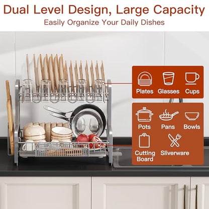 BOOSINY 2 Tier Large Stainless Steel Dish Drying Rack for Kitchen Counter - color: Silver, size: 12.4" D x 17.1" W x 14.2" H