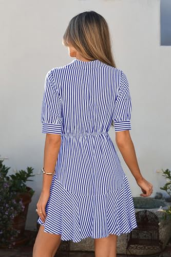 MASCOMODA Womens Striped Mini Summer Dress Button Work Dresses - color: Striped Blue, size: XX-Large