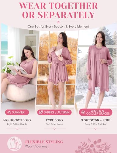 Maternity Nursing Gown & Robe Set, Ruffle Labor Delivery Nightgowns - color: Dusty Rose, size: Medium