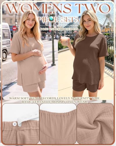 Riyiper 4 Pcs 100% Cotton Maternity Pajamas Sets - color: Beige, Light Brown, size: Large