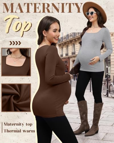 4 Pcs Womens Maternity Long Sleeve Square Neck Shirts - color: Brown, Light Mixed Gray, White, Black, size: Small