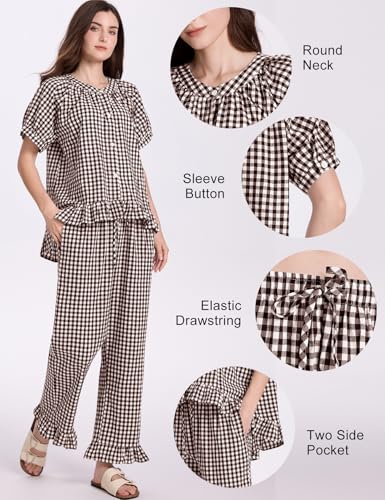 COZYPOIN 100% Cotton Pajamas for Women Set Cute Gingham Lounge Set - color: Coffee, size: X-Small