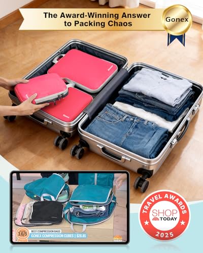 Gonex Compression Packing Cubes, 4-Piece Expandable Travel Organizers - color: 4-Bright Pink, size: 4 Set