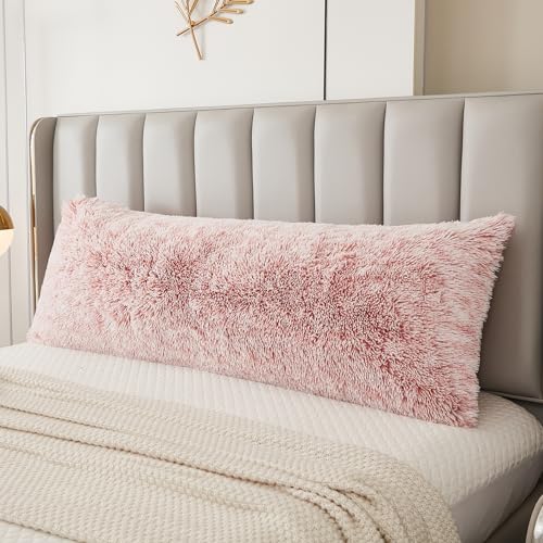 JAUXIO Faux Fur Fluffy Body Pillow Cover Luxury Shaggy Plush Decorative Body Pillowcase, Ultra Soft and Cozy Zipper Closure 21 x 54 Inches, Ombre Pink - color: Ombre Pink