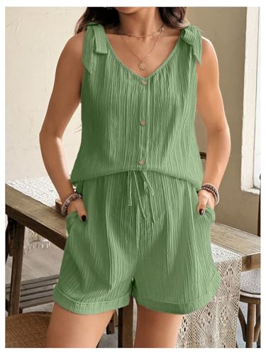 OYOANGLE Women's 2 Piece Maternity Set Textured Tie Shoulder Lounge Outfits - color: Mint Green, size: Small