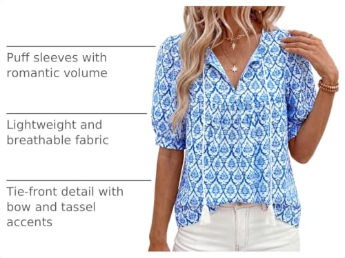 PRETTYGARDEN Womens Summer Boho Blouses Dressy Casual - color: Floral Blue, size: Medium