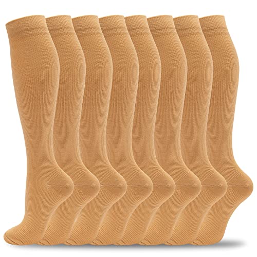 fenglaoda 8 Pairs Compression Socks for Men & Women 20-30 mmHg Knee High Nurse Pregnant Running Medical and Travel Athletic - color: 07-8 Pairs-nude-new, size: Small-Medium